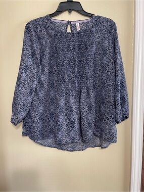 Xhilaration Navy Blue Printed Smocked Peasant Blouse